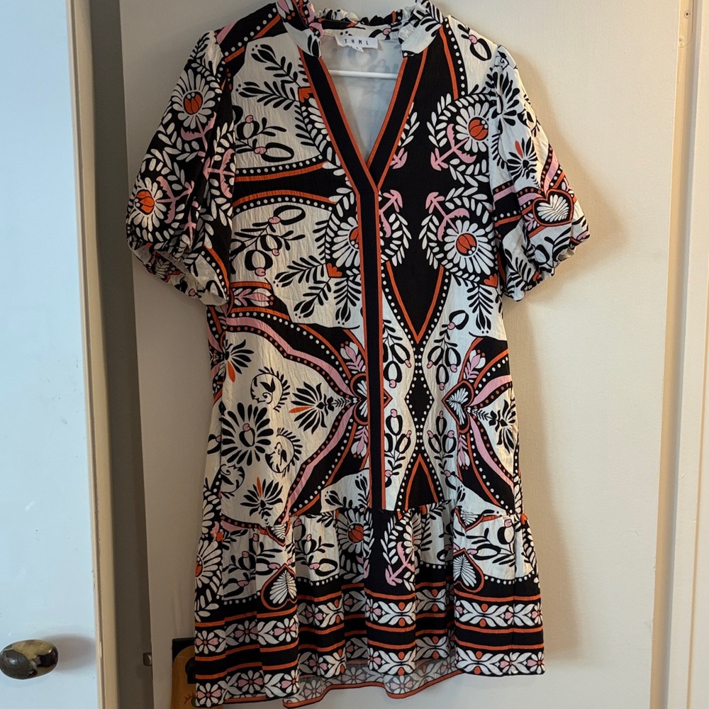 THML White Shift Dress with Black, Pink and Orange Medallion Print